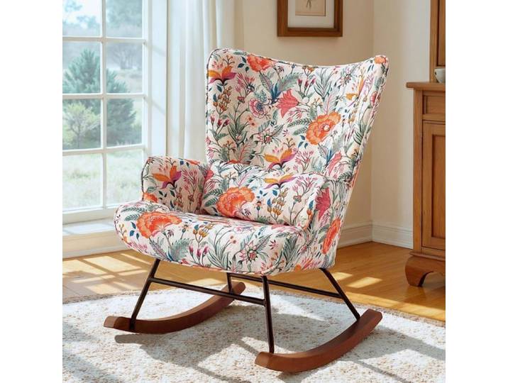 Fauteuil à bascule Fauteuil à bascule floral avec cadre métallique et base en bois Fauteuil oscillant Relaxchair Fauteuil rétro