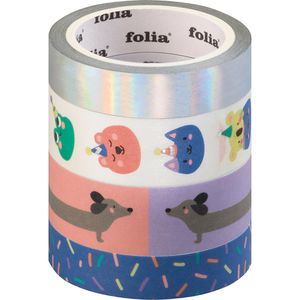 Folia Washi-Tape 26456 Hotfoil, mit Glanzeffekt, Party Animals, 10-15 mm x 5 m, wiederablösbar, 4 Rollen