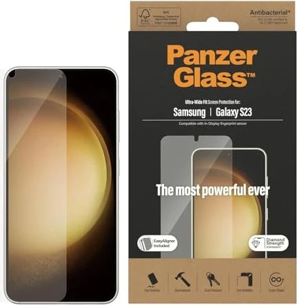 PanzerGlass Samsung Galaxy S23 (vollflächig klebend mit funktionalem Fingerabdruckscanner) mit Einbaurahmen