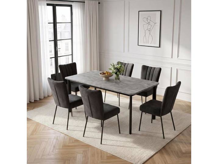 JIEXI Ensemble table de salle à manger extensible et 6 chaises grises rembourrées velours noir meubles repas salon bureau