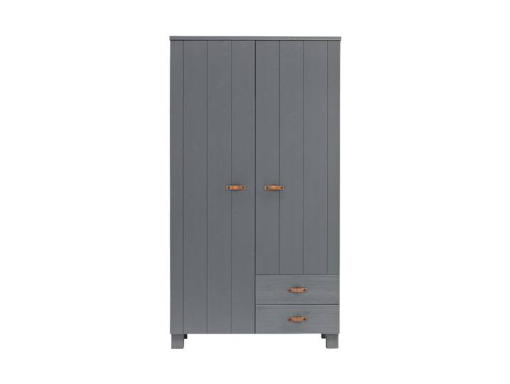 Design Kleiderschrank „Dennis II“, 2-türig Stahlgrau mit Ledergriffen De Eekhoorn
