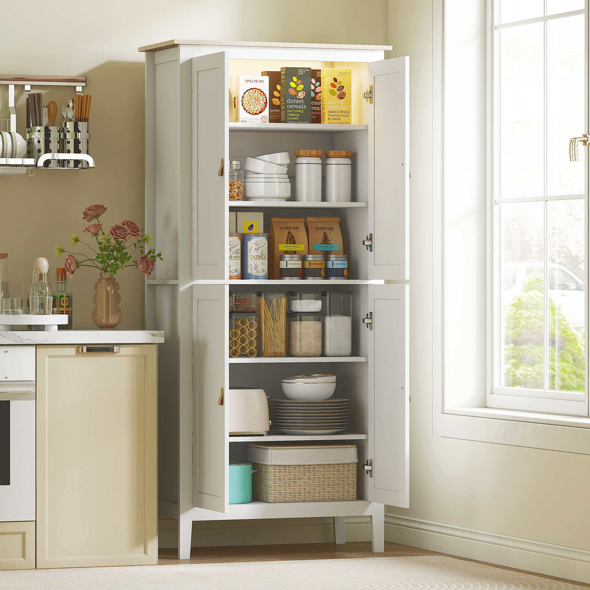 Altro Credenza Cucina Alta 177 Cm, Mobile Cucina Con Luce Led, Dimmerabile A 3 Colori, Ripiani Regolabili, Bianco