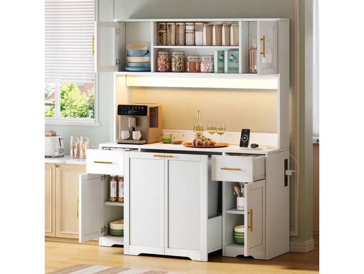 MEUBLIV Buffet de cuisine haut 140 cm avec plan de travail tiroirs LED RGB prises USB blanc