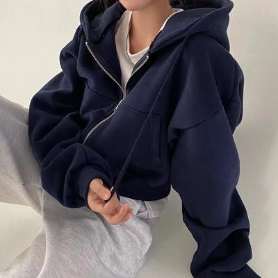 Inspire Select Linglsix Y2K Cropped Zip Up Hoodie Women's Harajuku Streetwear Hooded Sweatshirt Jacket dark Blue 14