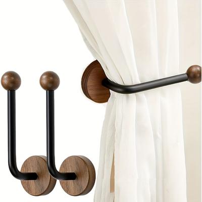 Friendly Fresh Finds Modern No Drill Curtain Holdbacks With FAS Walnut Wood Base Heavy Duty Adhesive Panel Holders black