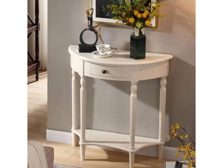 Halb mondförmiger Konsolentisch 80cm breit,schmaler Eingangstisch Schublade Beistelltisch im Landhausstil,Beine aus Massivholz,für die Dekoration von Fluren,Eingangsbereichen(white,80*35*88cm)