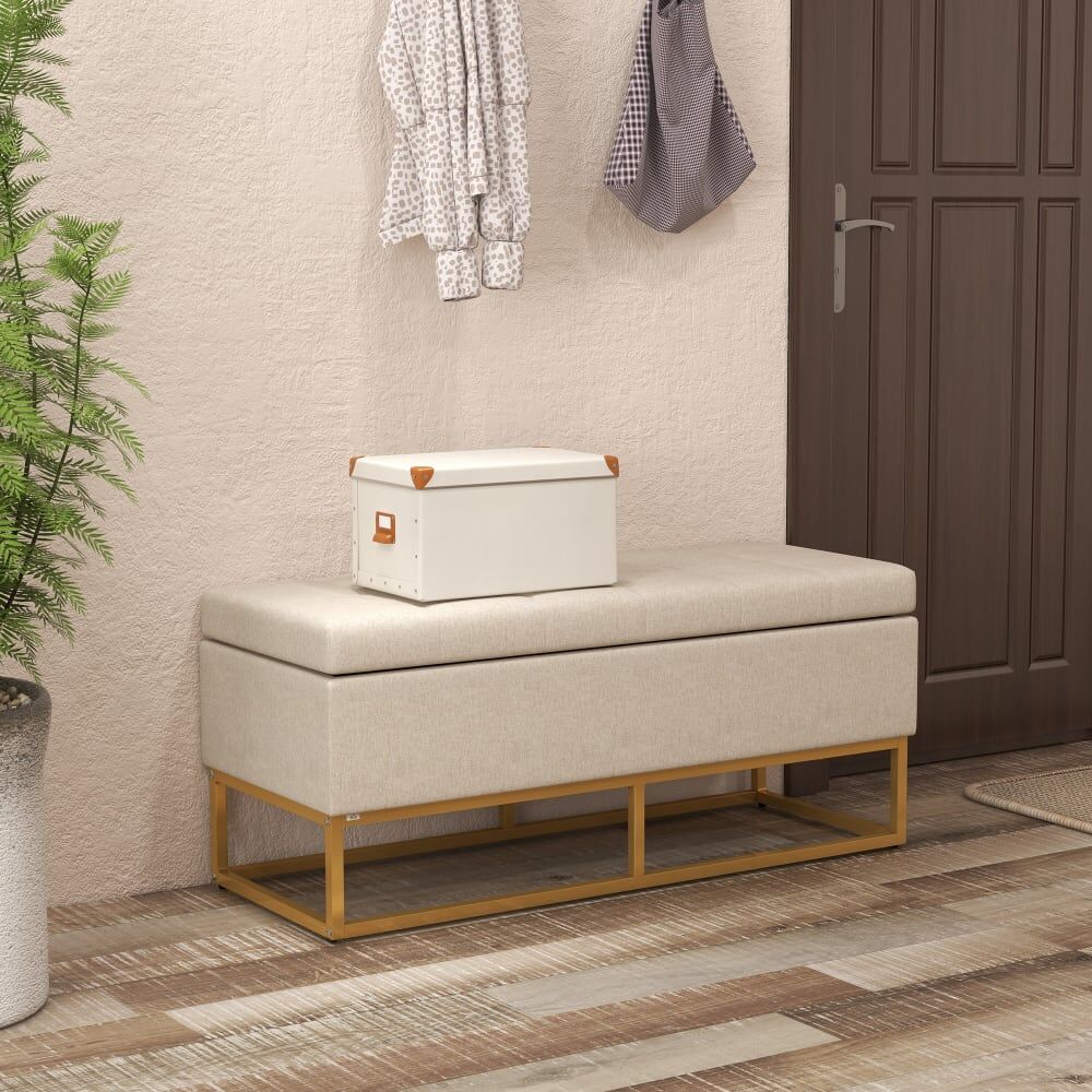 Homcom Banquette coffre de rangement acier doré assise capitonnée tissu beige Beige 110x48x44cm
