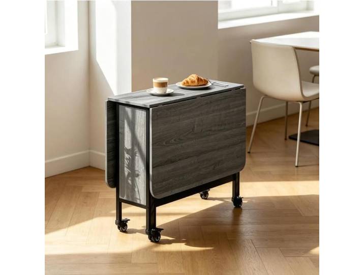 WOVREO Table à manger pliante extensible à roulettes rangement central plateaux rabattables gris