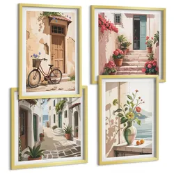 BILDER SET 4er Set - 50x50 cm & 40x60 cm Goldrahmen - Straßenblumen, Fahrrad bemalt