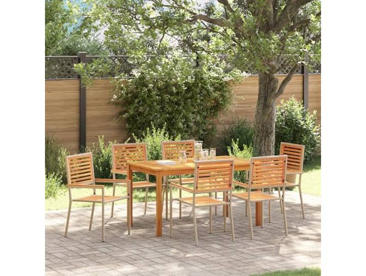HEFZGDB Garten-Esszimmer-Set aus Naturholz mit 6 stapelbaren Stühlen und rechteckigem Tisch, UV-beständiges Metall für Terrasse und Außenbereich, wetterfestes Gartentisch-Set