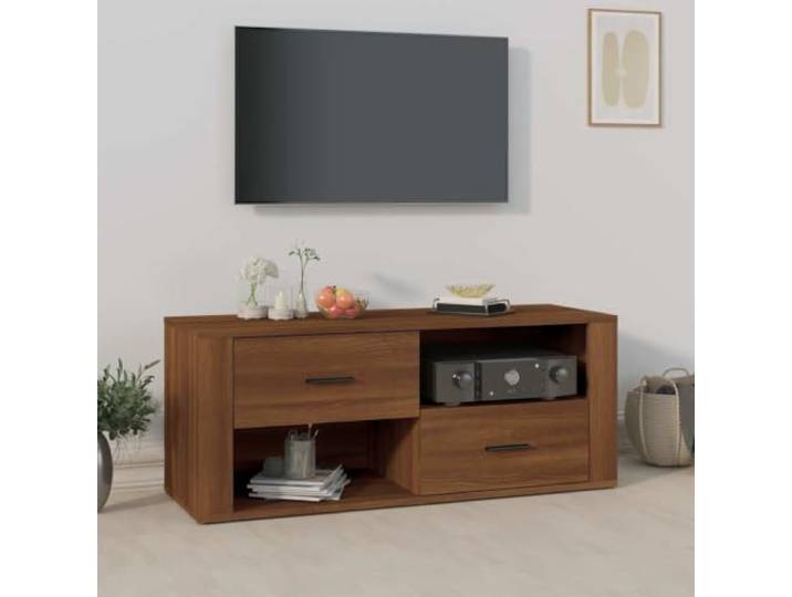 HEFZGDB TV-Schrank Braun Eichen-Optik 100x35x40 cm Holzwerkstoff mit Schubladen und Fächern für Multimedia Geräte und Stauraum