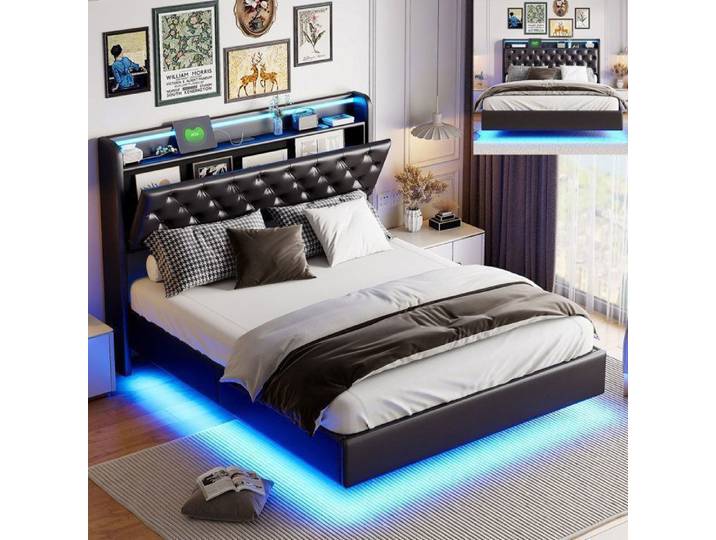 Lit 140x200 cm - LED - USB - tissu en PU - lit adulte 140x200 cm - 140x200 cm - Noir