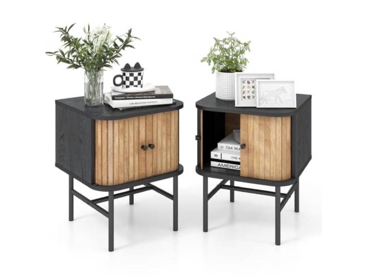 Helloshop26 2 moderne Nachttische, 40 x 39 x 49 cm, mit Schiebetüren und rutschfesten Gleitern, Vintage-Stil, Holz, Schwarz, 20_0009873