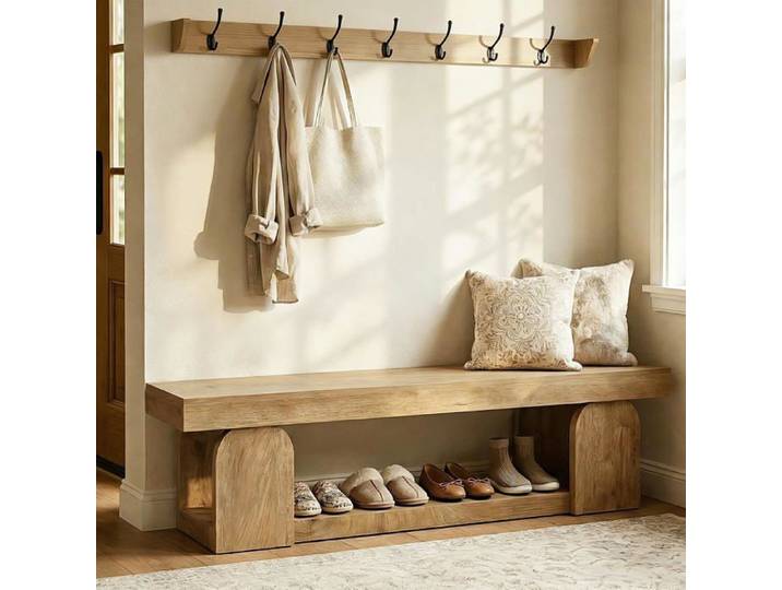 Banc d'entrée Little Tree 160×35×45 cm Banc à Chaussures avec étagère de Rangement Pour Chambre Couloir Entrée Marron Clair