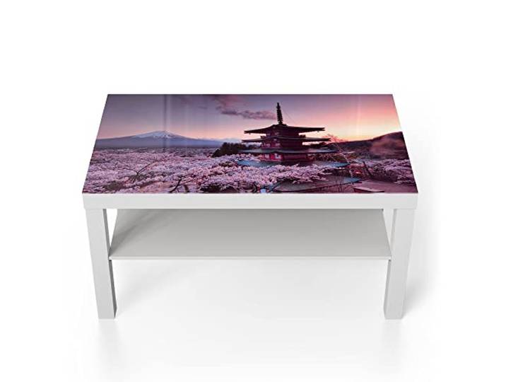 DEQORI Glastisch weiß groß 90x50 cm Motiv Kirschblüten Tempel Japan ausgefallener Beistelltisch aus Glas Hochglanz Couchtisch fürs Wohnzimmer moderner Couch Tisch mit Design