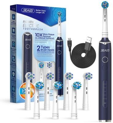 Uplifted Finds Seago Rotating Electric Toothbrush With 8 Brush Heads 5 Modes Rechargeable blue