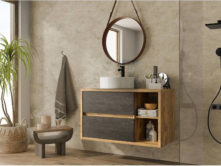Waschbeckenunterschrank hängend mit rundem Waschbecken - Holzfarben & Anthrazit - 100 cm - TIKITIKI