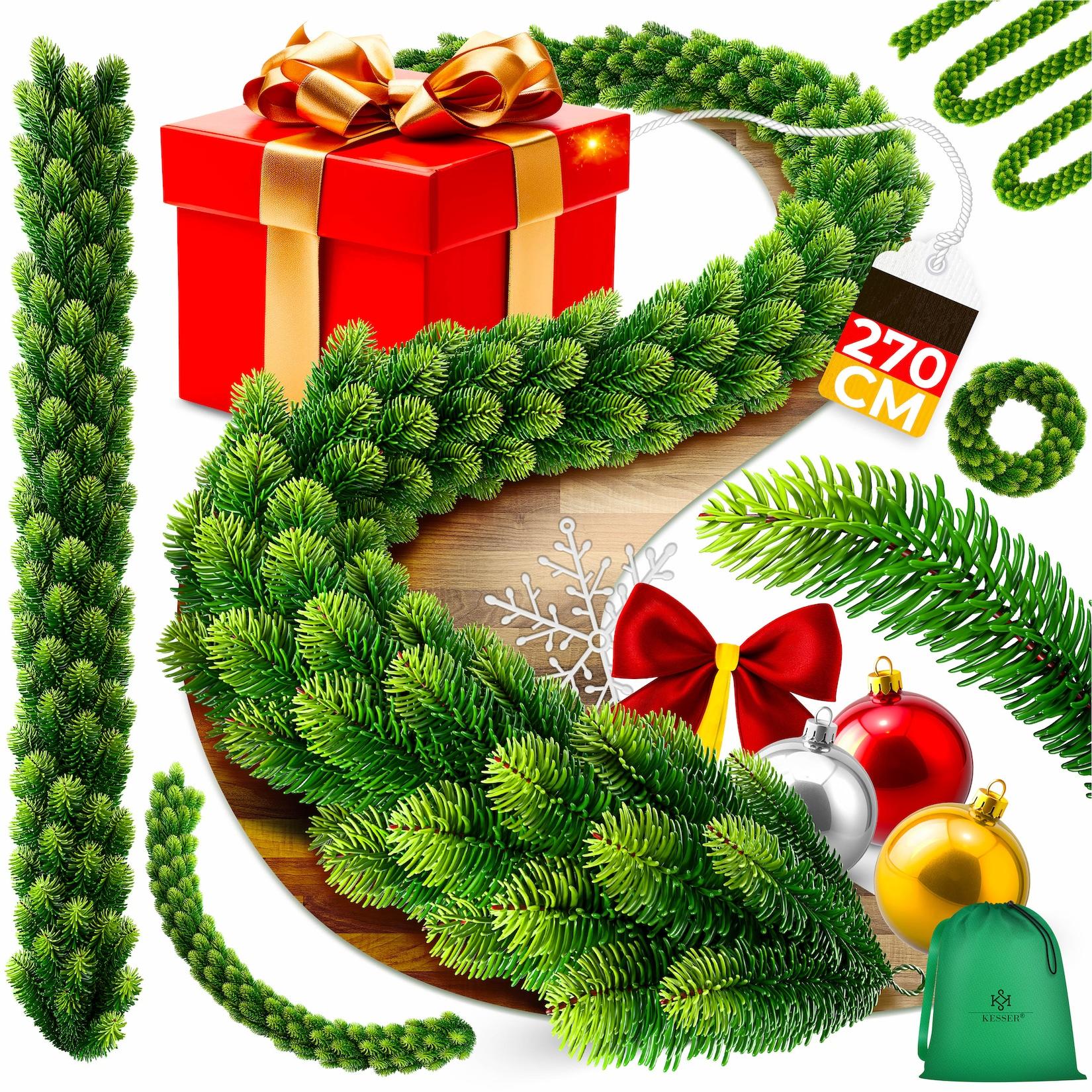 KESSER® Weihnachtsgirlande Naturgetreues Tannengrün - wie echt - IP 44 Outdoor & Indoor Girlande - Treppen, Tür, Balkon, Weihnachtsdeko + Tasche - Dunkelgrün