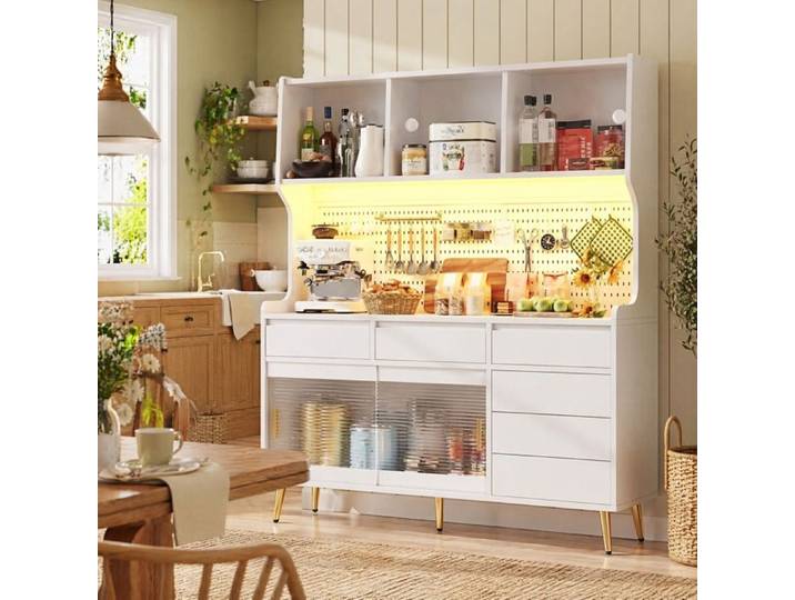 Buffet haut - ZEVKOR - Buffet Haut - LED commandée via application - Portes coulissantes verre strié - 3 tiroirs