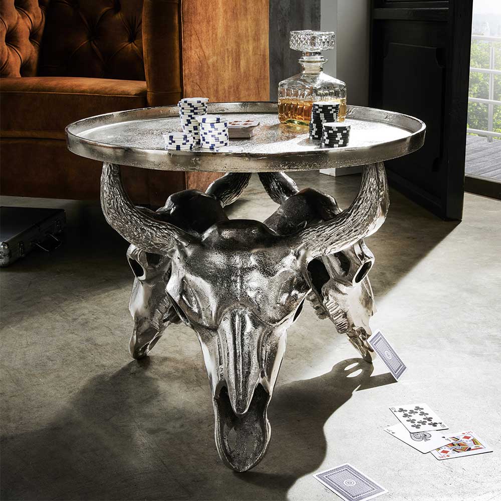 Pharao24.de Designtisch mit Stier Schädeln Aluminium