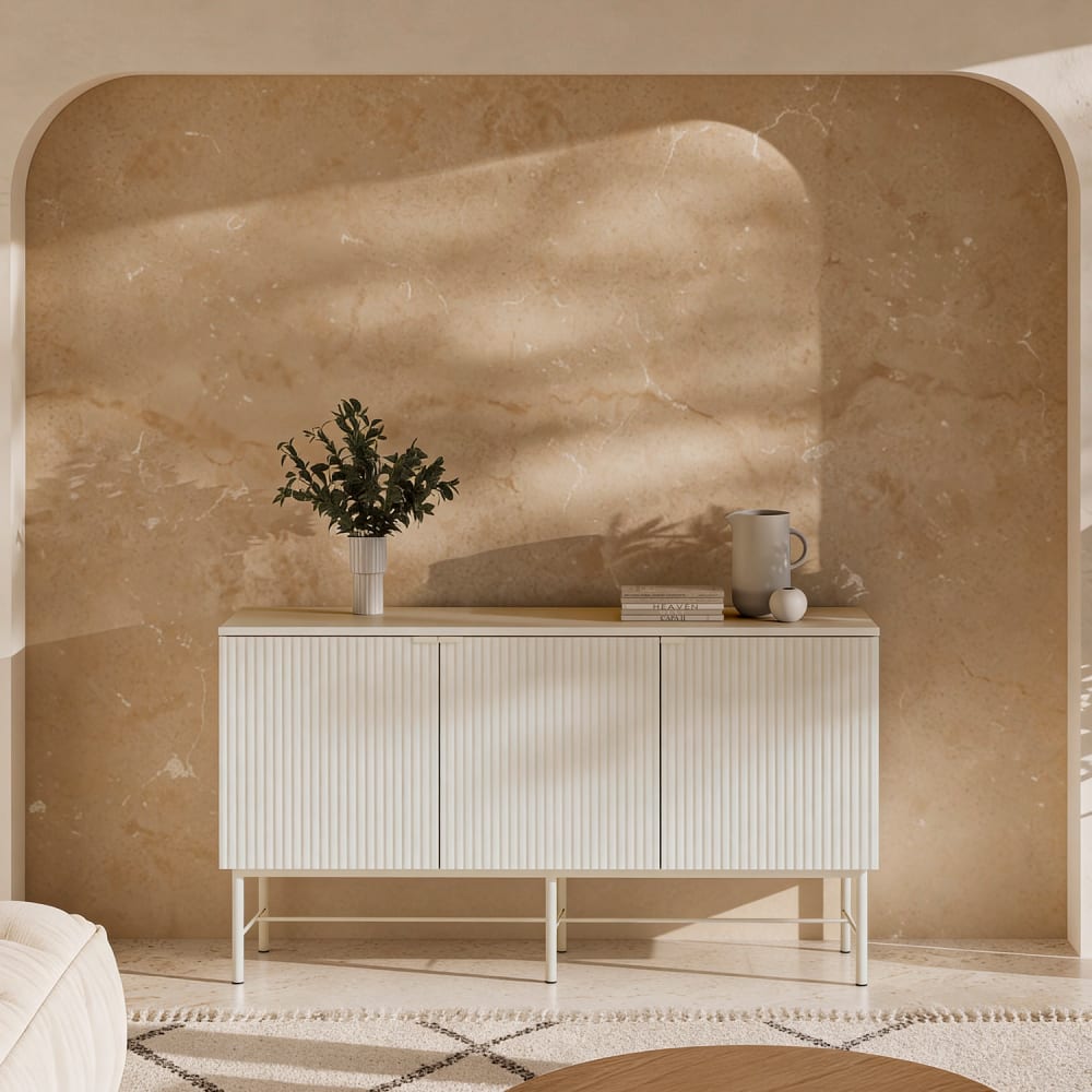 Koketto Home Buffet de 150 cm, couleur blanche, design cannelé Blanc 40x75x148cm
