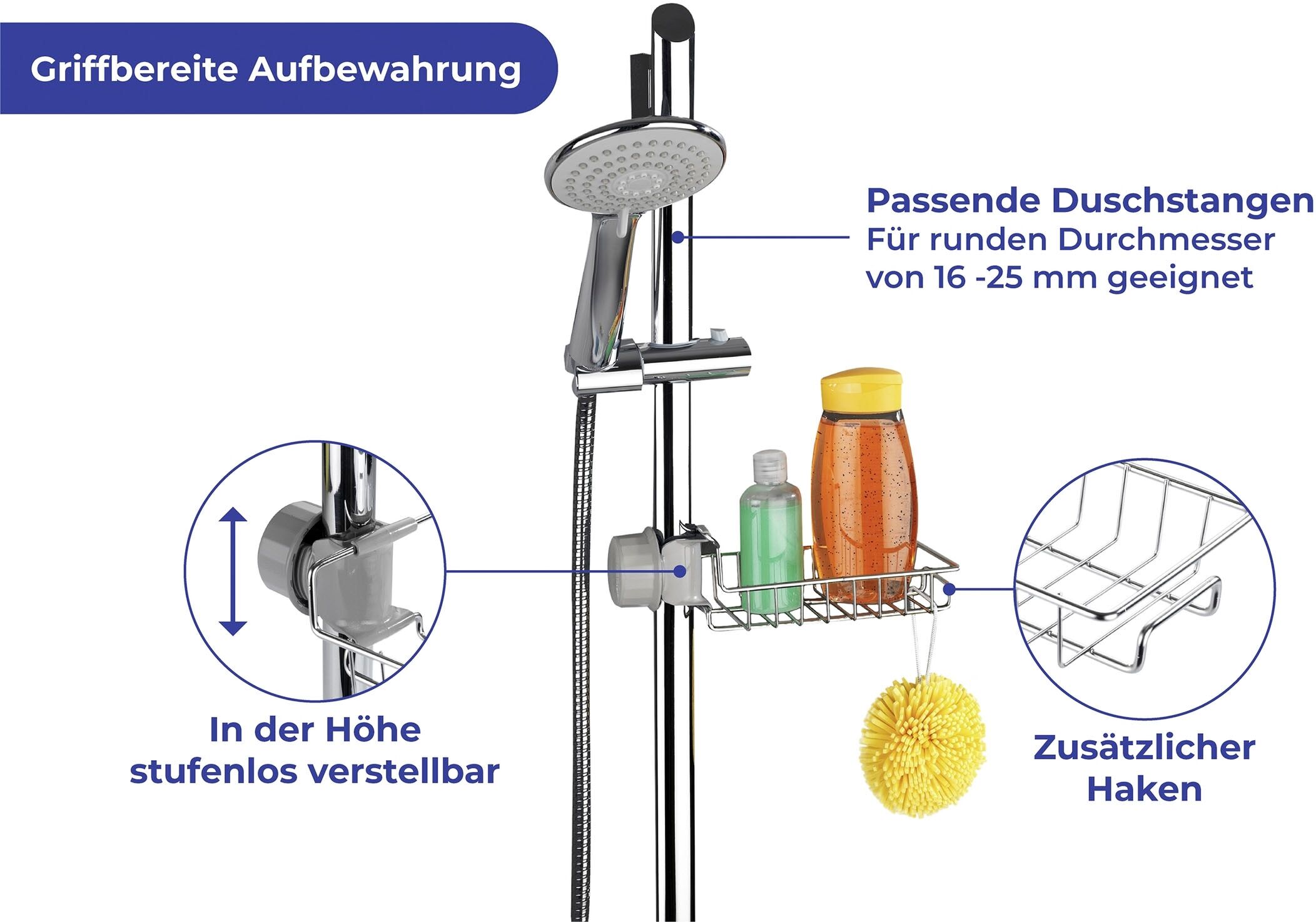 Duschablage WENKO "Duschablage Edelstahl", silber (korb: silber glänzend, halter: grau, grau), B:23cm H:7cm T:10,5cm, Edelstahl, Polypropylen, Regale, Duschablage, 1 Ablage korb: silber glänzend, halter: grau, grau B/H/T: 23cm x 7cm x 10,5cm