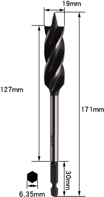 INF Holz Vier-Schlitz Vier-Schneiden Forstnerbohrer 19MM, Hochgeschwindigkeitsstahl, Schwarz-Silber, kompatibel mit