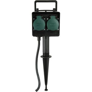 Unitec Gartensteckdose 44202, schwarz, mit Erdspieß, 2-fach aus Kunststoff, IP44 Spritzwasserschutz, mit 1,5m Kabel