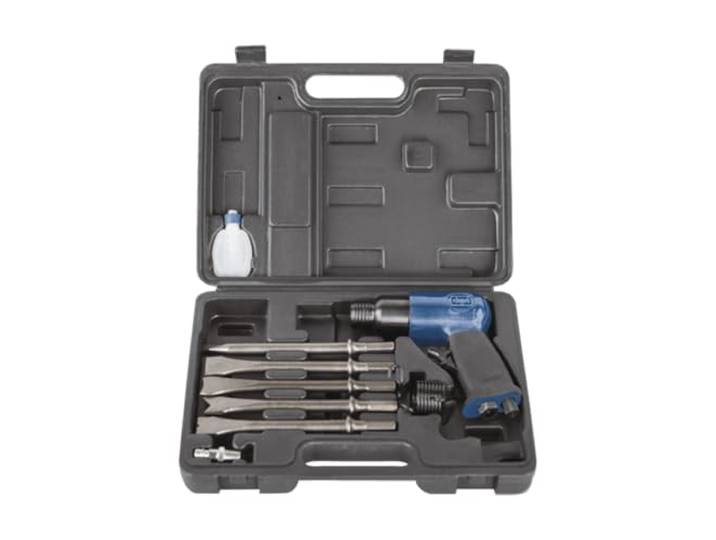 Scheppach Marteau burineur pneumatique avec mallette + accessoires - 6\,3bar 4500 cps/min - Débit d'air 79\,2 L/min - Marteau de démolition avec 5 burins et huile
