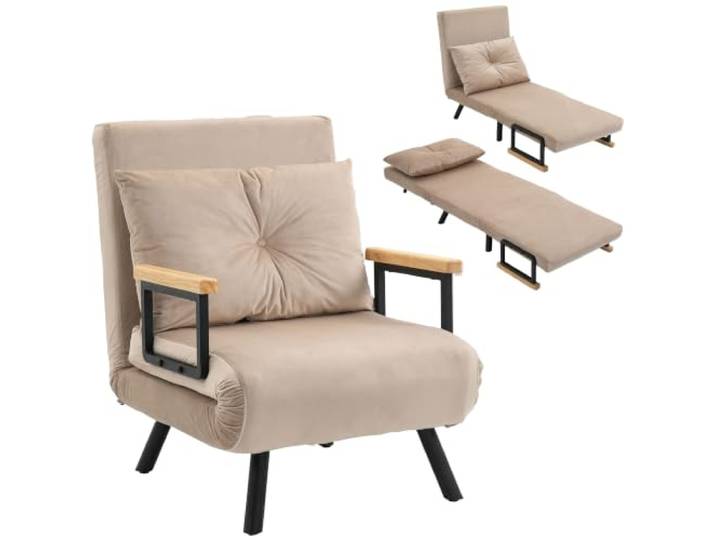 HOMCOM Fauteuil Convertible 1 Place Oreiller Siège Rembourré Beige Fauteuil-Lit Chauffeuse 3 en 1\, Dossier Réglable 5 Positions\, Tissu Aspect Velours\, Canapé-Lit pour Invités\, Salon\, Bureau