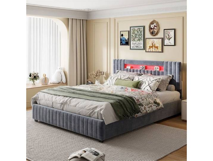 Lit Double 140x200 cm - Lit Coffre 140x200 cm avec Éclairage LED et Tête de Lit Rembourrée - Sans matelas - Gris