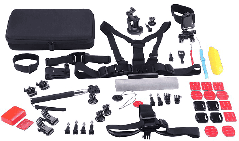 Kit accesorios cámara deportiva - SK8 Cam PACKSK02, 53 accesorios, Trípode, Soportes, Arnés,