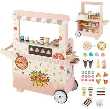 Costway Kids Pizza Food Truck Wooden Pretend Play Snack Cart with Oven-Pink