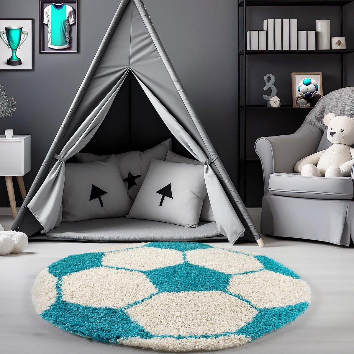 Hoogpolig Vloerkleed Voetbal Design Rond Turkoois - 120 cm Diameter
