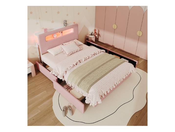 Flieks Polsterbett, Kinderbett 140x200cm mit 4 seitlichen Schubladen und LED-Beleuchtung