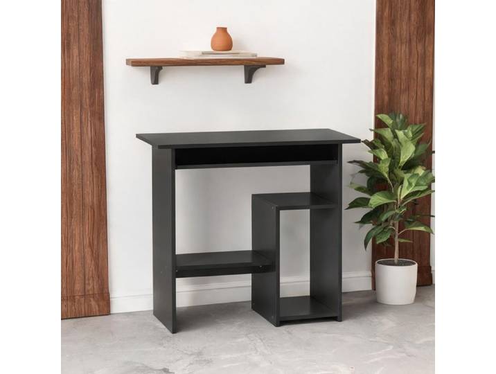 Bureau compact en panneaux de particules mélaminés noir 80x45 cm avec rangements ouverts et tiroir clavier