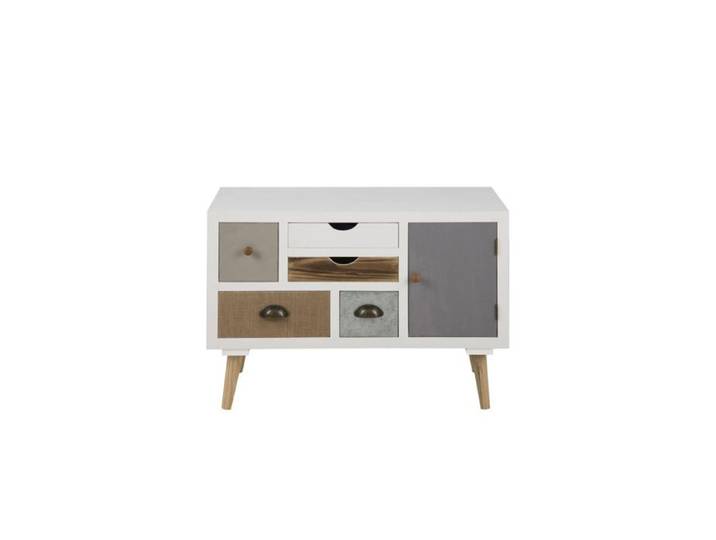Thames Commode blanche avec 1 porte et 5 tiroirs de couleurs différentes. Livrée complètement montée.