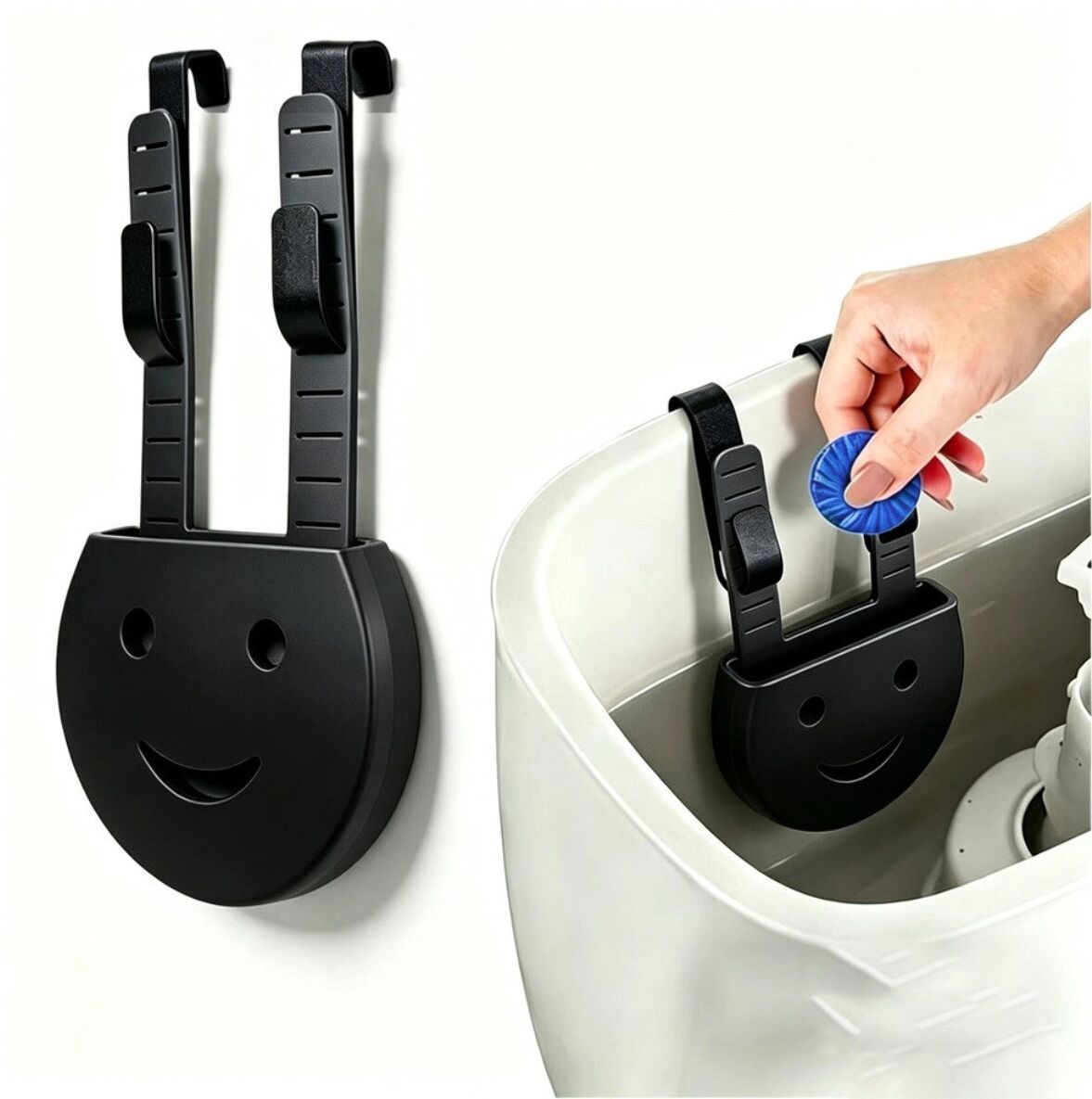 INF Verstellbarer hängender Silikon-Tablettenhalter für Toilettenspülkasten mit Haken, Smiley-Design, weiches Silikon, sicherer Schwarz