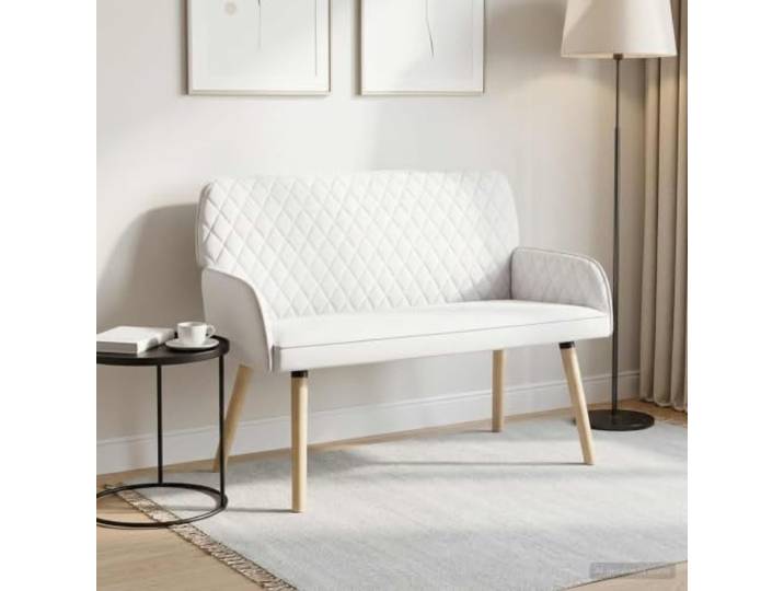 2-Sitzer Sofa mit Massivholzbeinen 2-Sitzer Weiß Leinenstoff Knopfheftung,integrierte Armlehnen,Schaumstoff-Polsterung,Kautschukholzbeine,Indoor