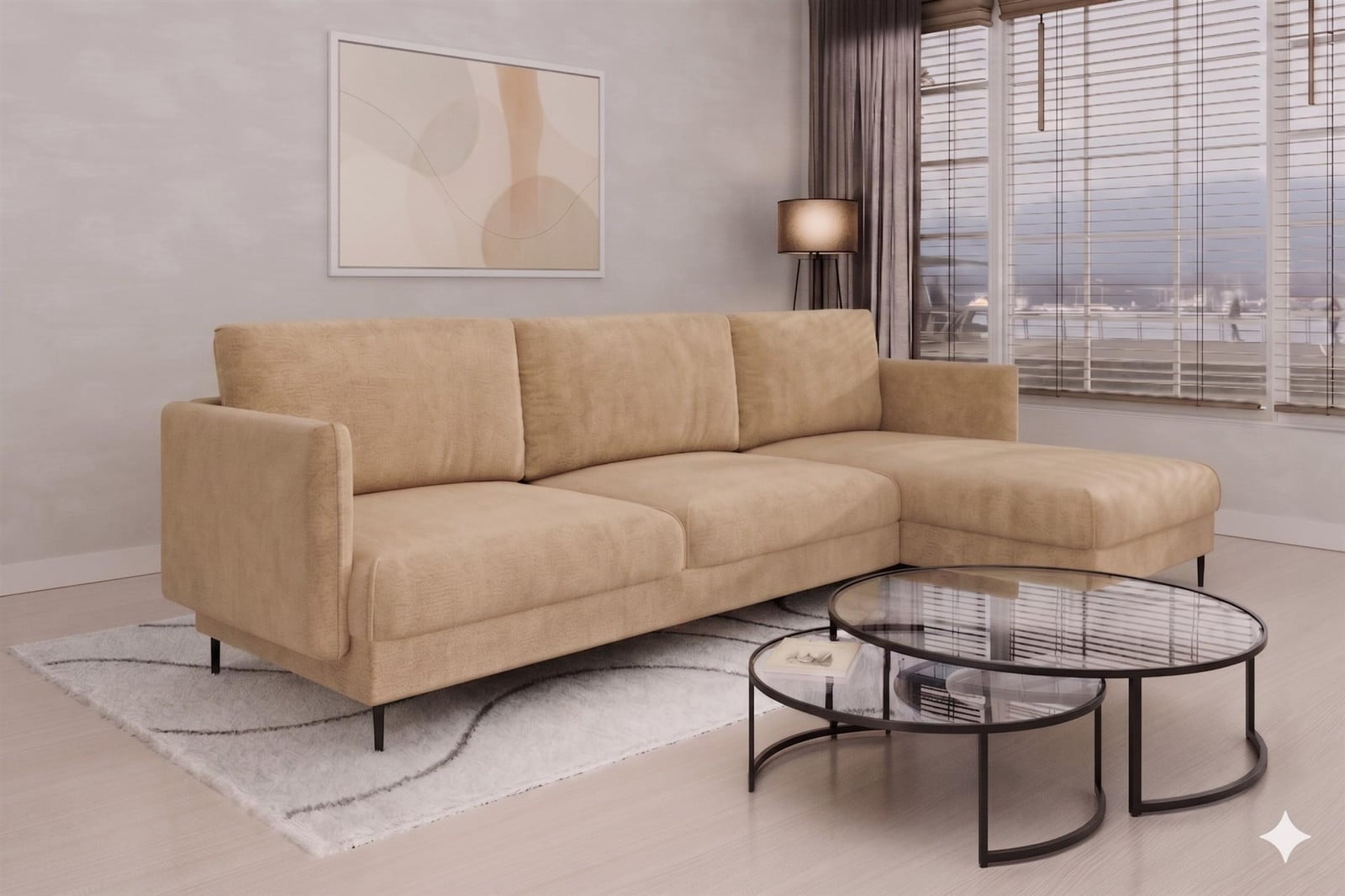 Designersofa HELMER hoekbank met hocker, beige stof, rechts
