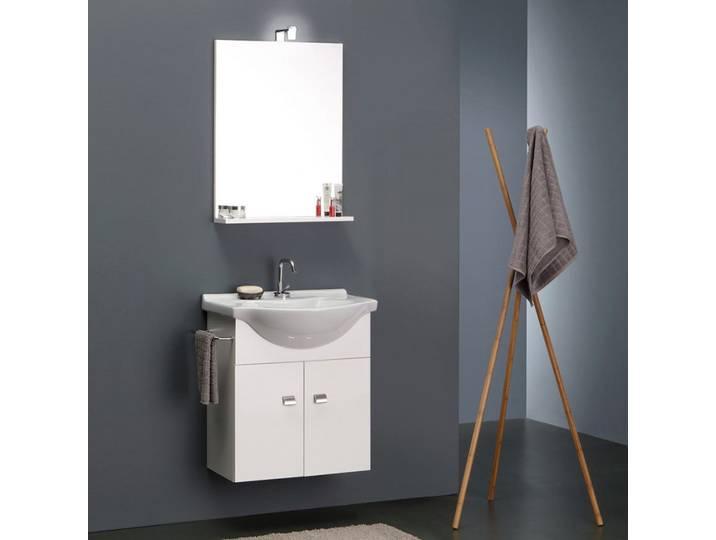 Kiamami Valentina - Meuble De Bain Blanc Economique 56 Cm + Lavabo\, Miroir Et Lumiere