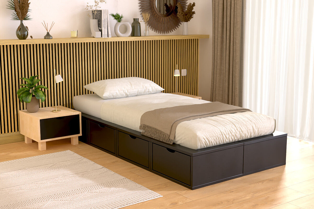 ABC MEUBLES Bett mit Schubladen 90x200 Würfel - Schwarz