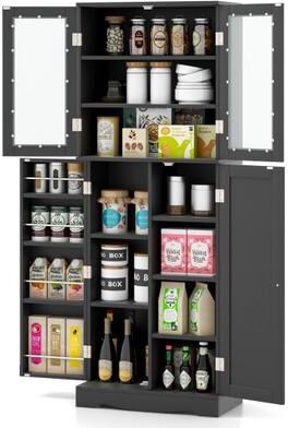 Costway Tall Kitchen Pantry Cabinet with Dual Tempered Glass Doors and Shelves-Black