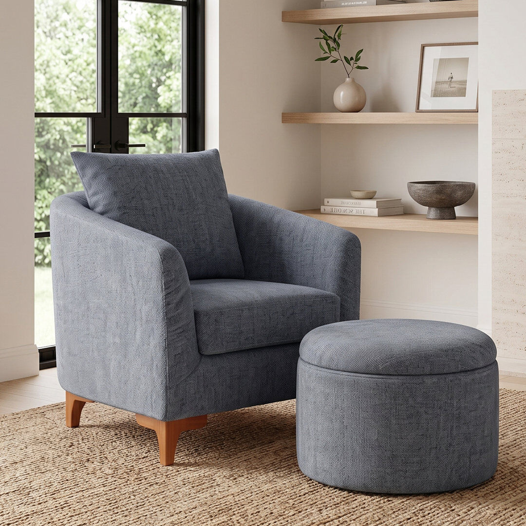ClassicLiving Upholstered Barrel Chair With Footstool Blue Chenille 81cm H X 76cm W X 75cm D