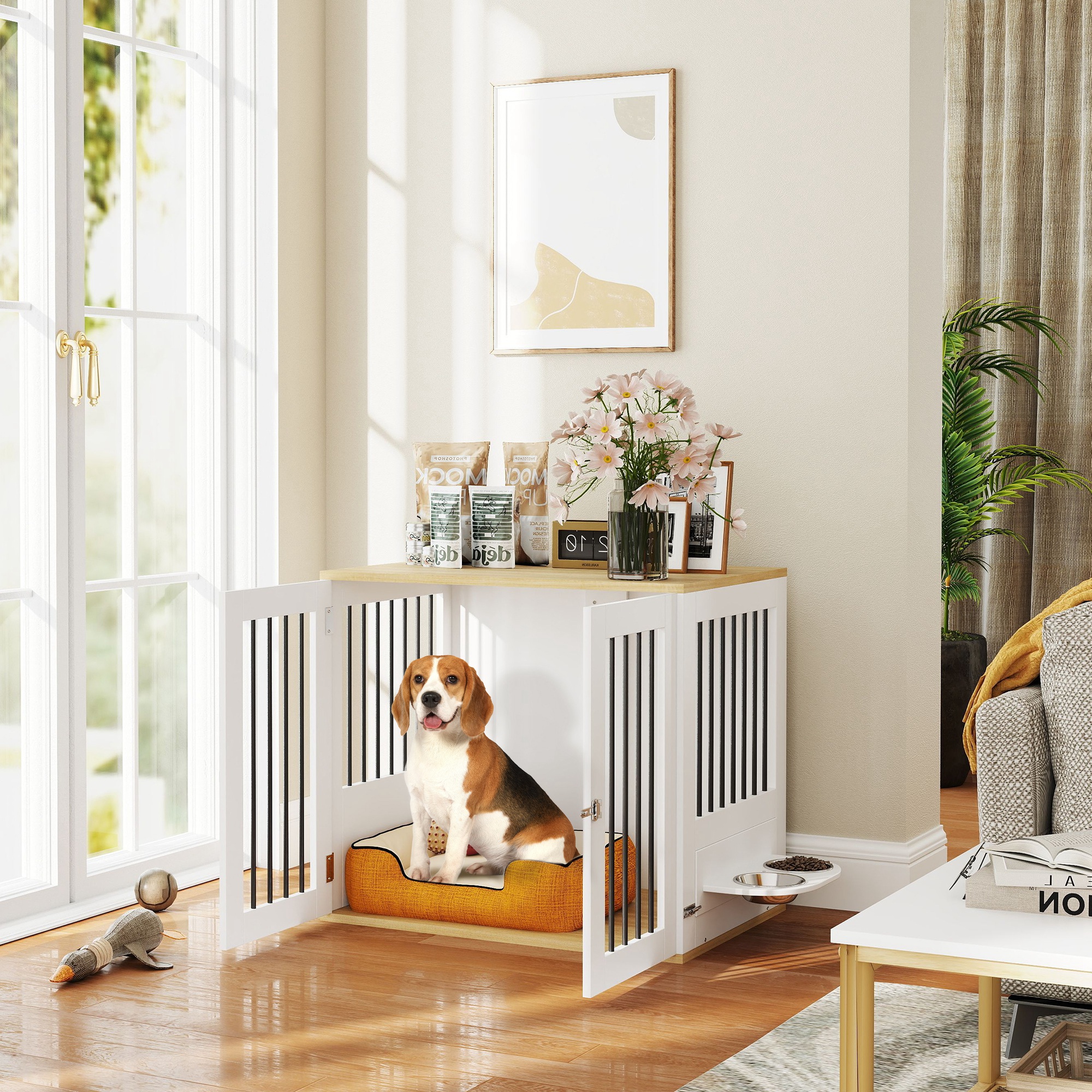 Pawhut Gabbia per cani, tavolino, ciotole rimovibili girevoli a 360°, 2 porte per cani di taglia media 80x55x71,5cm bianco   Aosom Italy