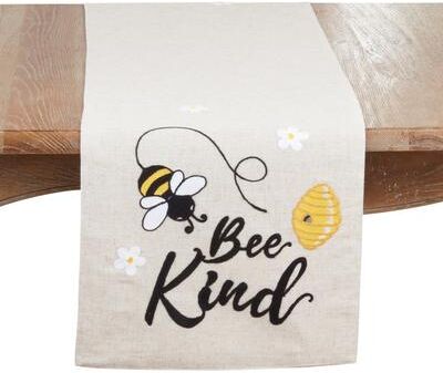 Saro Lifestyle "Bee Kind Printed Linen Blend Table Runner - Whimsical Bee & Script Design with Lined Finish, 16""x70"""