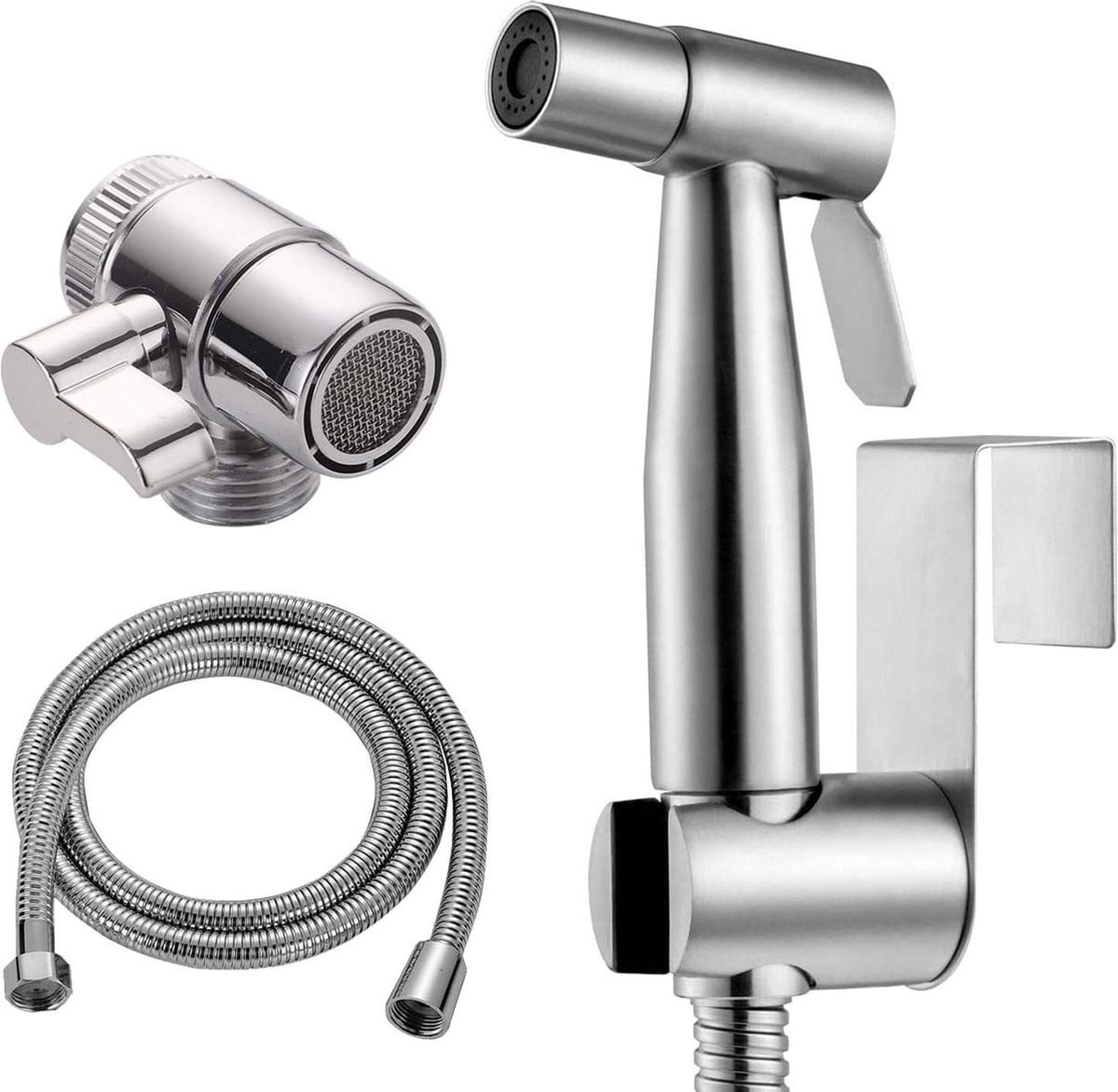 Handheld bidet toiletspuit van roestvrij staal in zilver met geborsteld staal en waterbesparende functie