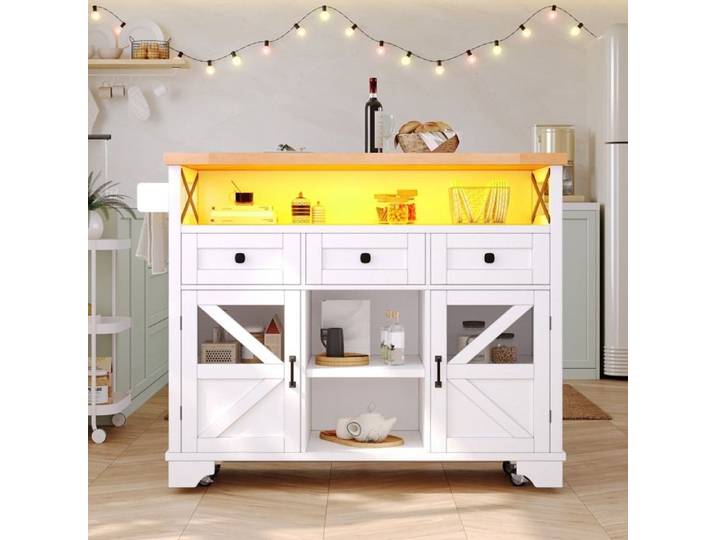 Chariot de cuisine avec application LED table pliante îlot de cuisine mobile bar buffet rangement trois tiroirs deux portes