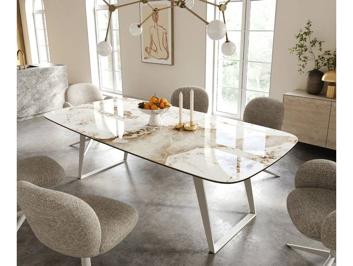 Esstisch Edge Boot 240x120 cm Keramik Minas Melange Weiß-Beige Metall Schräg Weiß, Esstische