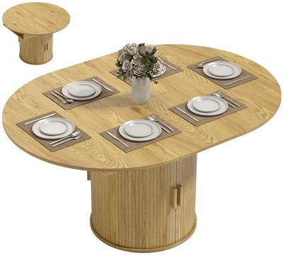 HOMCOM Extendable Dining Table for 6, 60 Inch Farmhouse Oval Kitchen Table with 2-Tier Storage Shelf and Fluted Sliding Doors